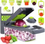 15-in-1 multipurpose vegetable cutter on white background with stainless steel blades and collection container