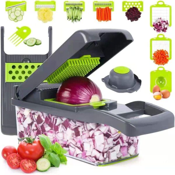 15-in-1 multipurpose vegetable cutter on white background with stainless steel blades and collection container