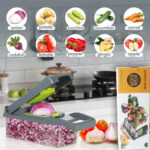 Vegetable cutter with built-in collection container catching chopped vegetables with no mess on counter