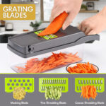 15-in-1 vegetable cutter surrounded by freshly chopped onions, tomatoes, carrots, and bell peppers