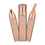 3-in-1 electric rechargeable facial trimmer for women on white background with interchangeable attachments