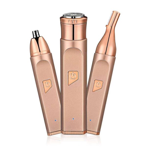 3-in-1 electric rechargeable facial trimmer for women on white background with interchangeable attachments