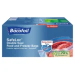 Bacofoil Safeloc freezer bags with stand alone base, easy open and click close mechanism