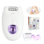 2-in-1 USB rechargeable mini epilator on white background with floating rotary shaver head