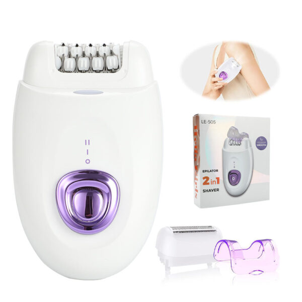 2-in-1 USB rechargeable mini epilator on white background with floating rotary shaver head