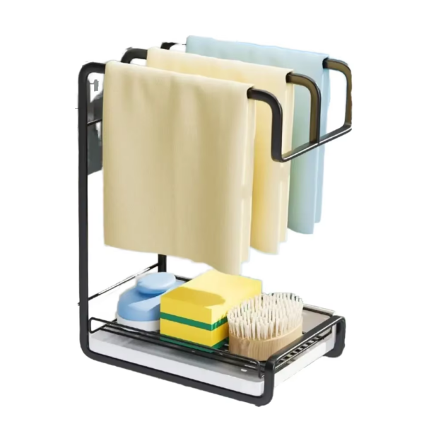 Double tier kitchen sink storage rack holding sponge and dish brush on countertop
