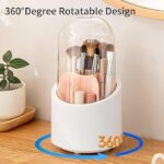Side view of round acrylic rotating makeup brush holder on modern wooden desk