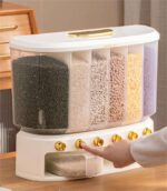 Airtight plastic cereal dispenser holding rice grains in kitchen pantry