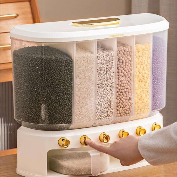 Airtight plastic cereal dispenser holding rice grains in kitchen pantry