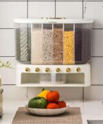 Dry food storage container for rice and grains on kitchen countertop