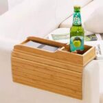 Bamboo couch arm tray for coffee mug, phone, and TV remote