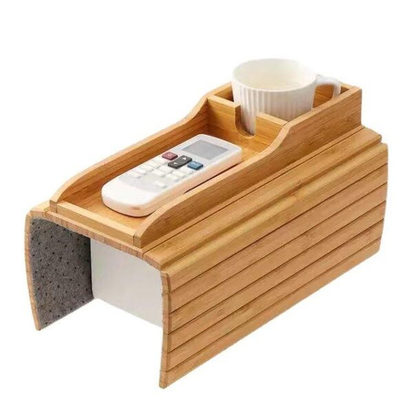 Portable bamboo sofa arm tray holding a coffee cup and mobile phone