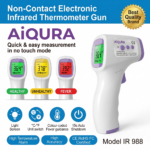 AIQUE infrared thermometer with color-coded LCD display showing normal body temperature in green