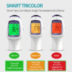 Infrared thermometer green display reading 98.2°F indicating normal temperature