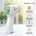 AIQUE infrared thermometer amber alert display showing mild fever reading of 99.8°F