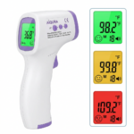 White and purple AIQUE infrared thermometer pistol grip ergonomic design